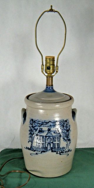 Vintage Rowe Pottery Stoneware Lamp W/ Cobalt Blue Design 1995 Cambridge Wis.