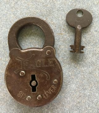 Vintage Antique Eagle Lock Co.  6 Six Lever Padlock With Key