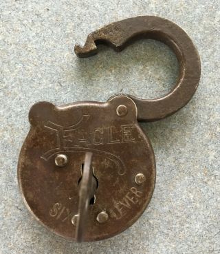 Vintage Antique Eagle Lock Co.  6 Six Lever Padlock with key 3