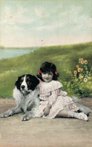 Girl With Her Dog Vintage Postcard With Flowers 02.  10