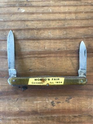 Antique Pocket Knife 1934 Worlds Fair Chicago Il Swell Center Pen Tuxedo