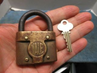 Odd Shaped Old Brass Padlock Lock Yale.  Rare With The Key.  N/r