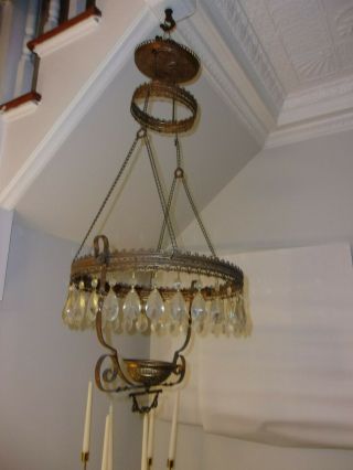 Antique Victorian Hanging Library Oil Lamp 14” Brass Parts Crystals