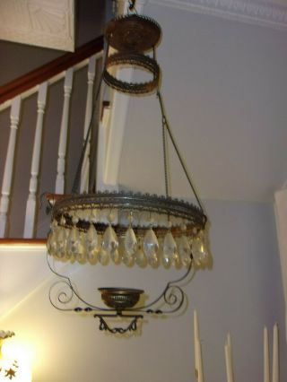Antique Victorian Hanging Library Oil Lamp 14” Brass Parts Crystals 2