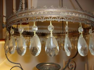 Antique Victorian Hanging Library Oil Lamp 14” Brass Parts Crystals 4