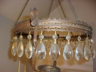 Antique Victorian Hanging Library Oil Lamp 14” Brass Parts Crystals 5