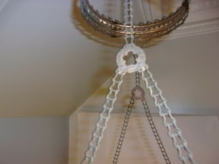 Antique Victorian Hanging Library Oil Lamp 14” Brass Parts Crystals 6