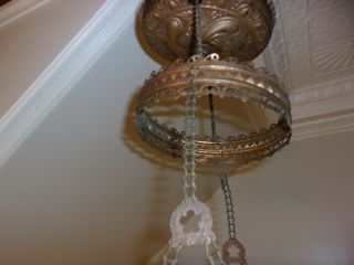 Antique Victorian Hanging Library Oil Lamp 14” Brass Parts Crystals 7