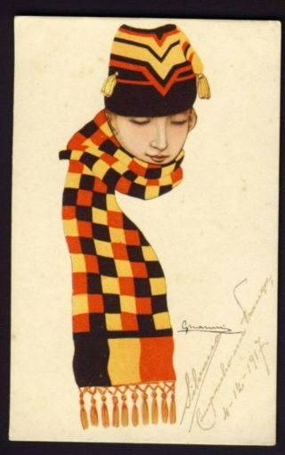 Patriotic Nanni A/s Fashion Lady Wearing Red/black/orange Hat Scarf 1917