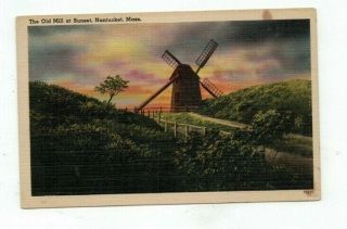 Ma Nantucket Massachusetts 1948 Linen Post Card Old Wind Mill At Sunset