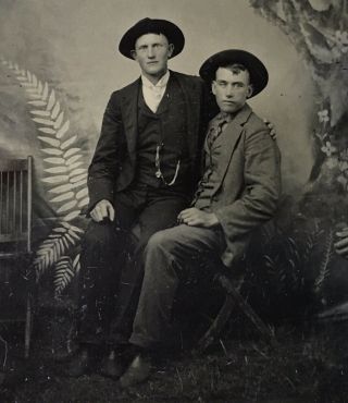Antique American Two Brothers Young Men Seated On Lap Arms Around Tintype Photo