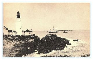 Vintage Postcard Old Ironsides Passing Lighthouse Portland Head Light Maine E5