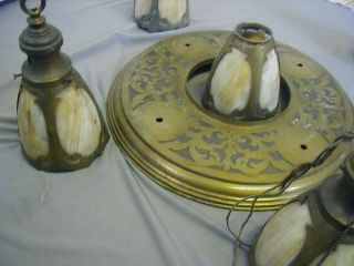 Arts & Crafts Brass Pan Fixture W/ 5 Slag Glass Shades / Restoration Or Parts