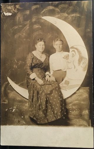 Real Photo Postcard Rppc Two Women On Paper Moon Studio Prop Akron Ohio