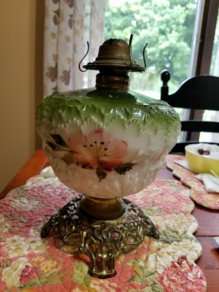 Antique Pretty Oil Lamp Base Glass Embossed Hand Paint Cast Footed Green White