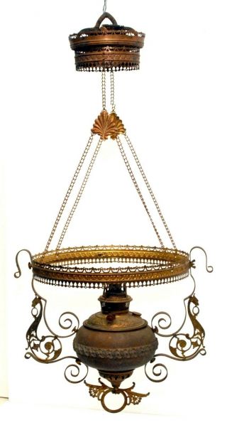 Fancy Victorian B&h Brass Hanging Oil Lamp Light Frame Bradley & Hubbard