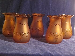 5 Vintage Amber Acid Etched And Cut Glass Light Lamp Sconce/chandelier Shades