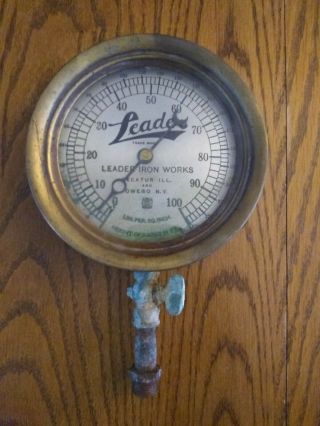 Vintage Leader Iron Brass 6 Inch Pressure Gauge Decatur Ill.  Owego N.  Y.