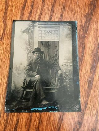 Vintage Tintype Photograph Young Man W/ Hat Antique Century - Old Sitting Portrait