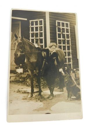 Rppc Postcard Horse Lady Dog 1917 Irene Flemings Place Circleville Oh Unposted