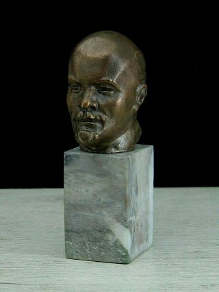 Lenin Bust Ussr Soviet Russian Metal & Ston Marble Statue Propaganda.  Signed