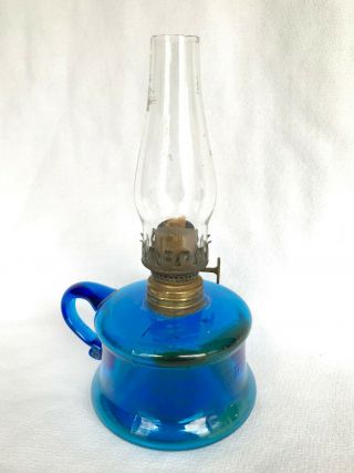 Rare Antique Blue " Little Butter Cup " Miniature Glass Finger Oil Lamp 1870 