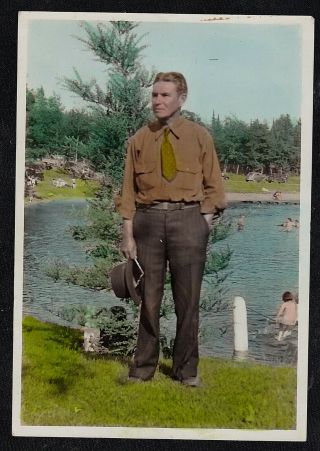 Antique Vintage Photograph Man Holding Hat By Lake - Hand Colored