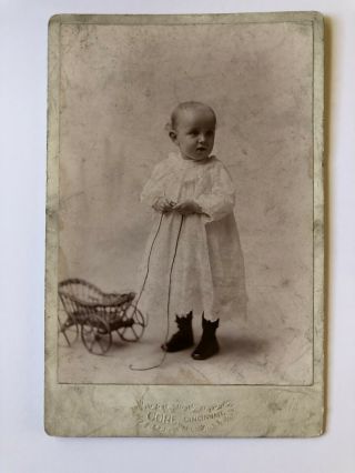 Cabinet Card Photo Little Girl Baby With Toy Carriage Antique Cincinnati