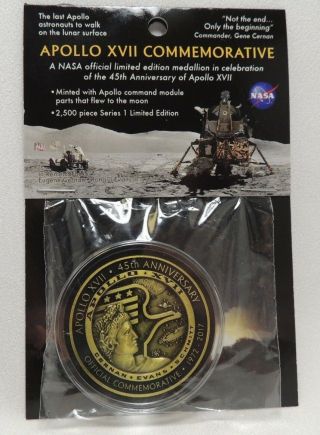 Nasa Apollo 17 45th Anniversary Moon Flown Metal Commemorative Coin On Card