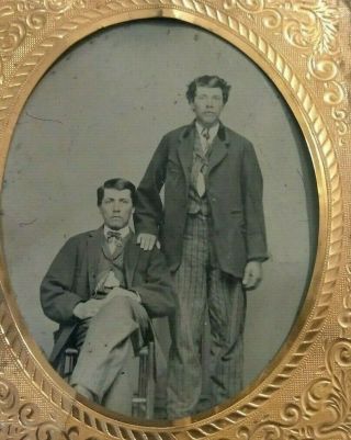 Antique Tintype Two Civil War Era Young Men In Embossed Metal Frame 1860 