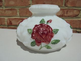 Antique Vintage Aladdin Style Milk Glass Lamp Shade W Painted Red Roses