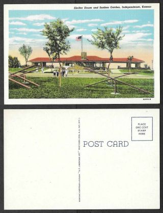 Old Kansas Postcard - Independence - Shelter House And Sunken Gardens