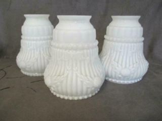 3 Vintage Frosted Glass Lamp Shades - Ribbed Beaded Swag Floral Design Ksc165