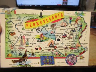 Vintage Old Postcard Pennsylvania Greetings State Cartoon Map Ruffed Grouse Bird
