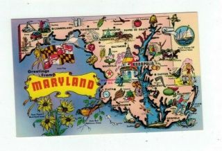 Md Maryland Vintage Post Card Map Of State And " Greetings From.  "