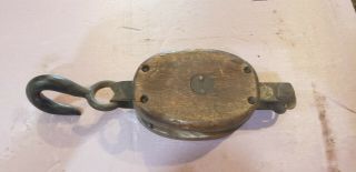 Vintage Barn Wooden Single Pulley Block With Anvil Marking And Iron Hook Farm
