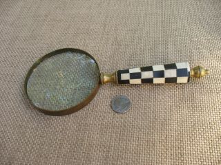 Vtg Heavy Duty Solid Brass Magnifying Glass W/a Black & White Checkered Handle