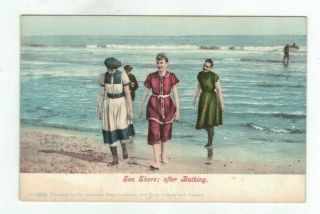 Antique Pretty Lady Post Card Girls Coming Out Of Ocean After A Swim