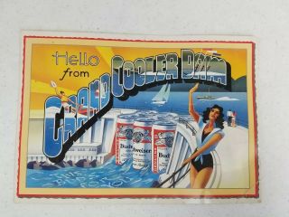 Vintage Budweiser Poster Sign Postcard " Hello From Grand Cooler Dam "