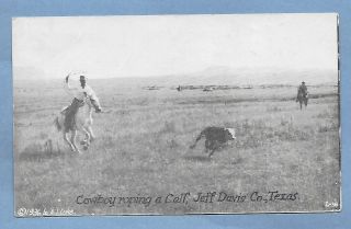 Vintage Postcard Cowboy Roping A Calf Jeff Davis Co Texas Posted 1938 B & W