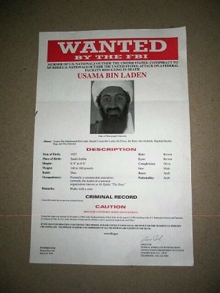 Vintage Fbi Wanted Poster,  1999,  Usama Osama Bin Laden,  Pre - 911 Bombings