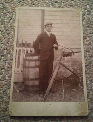 005 Vintage Cabinet Card Photo Man And Bicycle Bourbon Barrel Wine