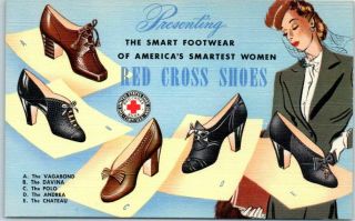 Vintage Linen Advertising Postcard Red Cross Shoes Curteich Linen 1941
