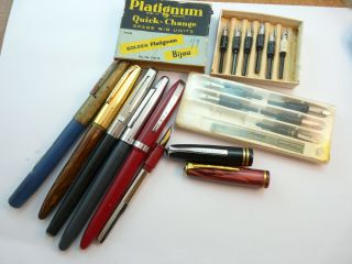 Vintage 3x Platignum & 2x Scripto Fountain Pens & 11 Nibs & 2 Platignum Caps