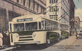Trackless Trolley Seattle Metro Bus Seattle Washington Linen Postcard 1944