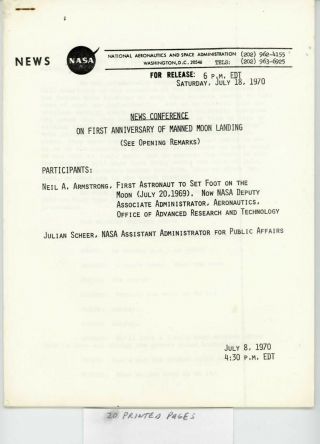 Vintage 1970 Nasa Apollo 11 " 1st Anniversary " Official Press Release