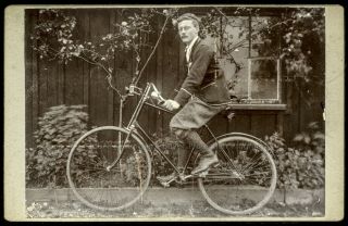 1890s Man & Bicycle Cabinet Photo - Bought In Michigan Wonderful Outdoor Sport
