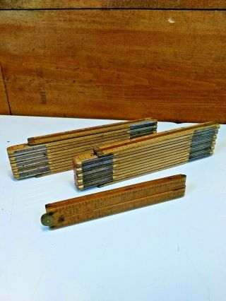 2 Vintage Lufkin No.  X46 Wood Folding Carpenter Rule With Brass 6 " Extension