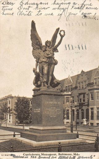 E24/ Baltimore Maryland Md Postcard 1906 Confederate Monument Civil War