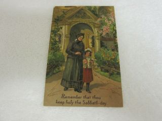 Pfb Greeting Postcard Lady With Child Coming Out Of Church